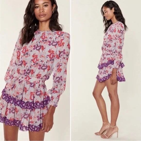 MISA Los Angeles Camila‎ Dress Purple Floral Smocked  Sleeve Mini Dress Sz Small - Picture 3 of 12
